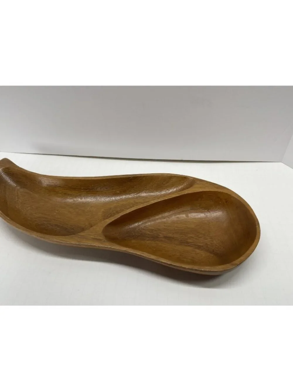 Vintage MCM Hand Carved Wood Divided Tear Drop Dish Bowl Large Teak Teardrop 60s